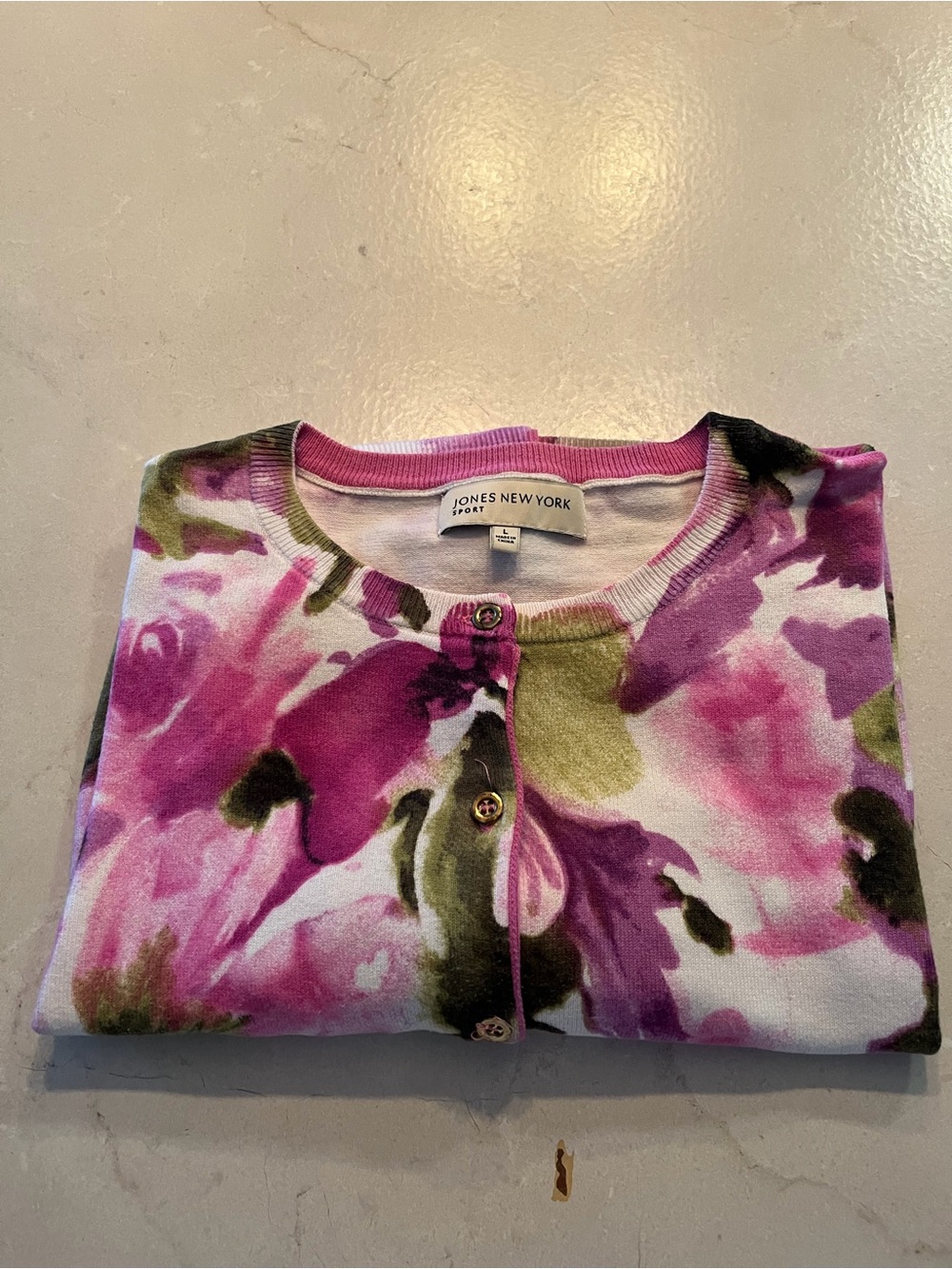 Jones New York Pink and Green Floral Crewneck Cardigan